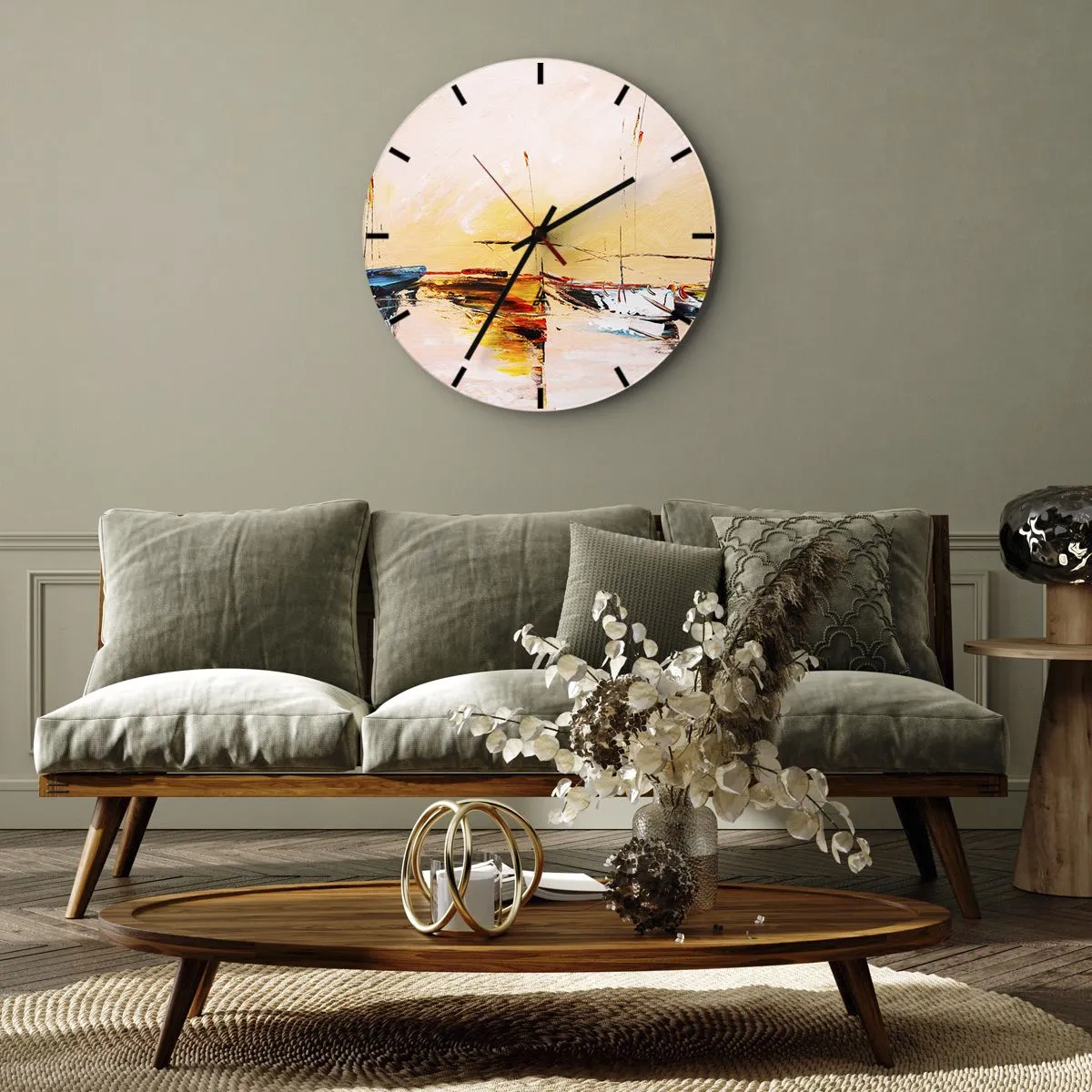 Ceas de perete - Ceas pe sticlă - Bărci cu pânze într-un port pitoresc la apus - 30x30cm - O seară în golf - Decorațiune modernă pentru perete pentru living, bucătărie și dormitor ARTTOR
