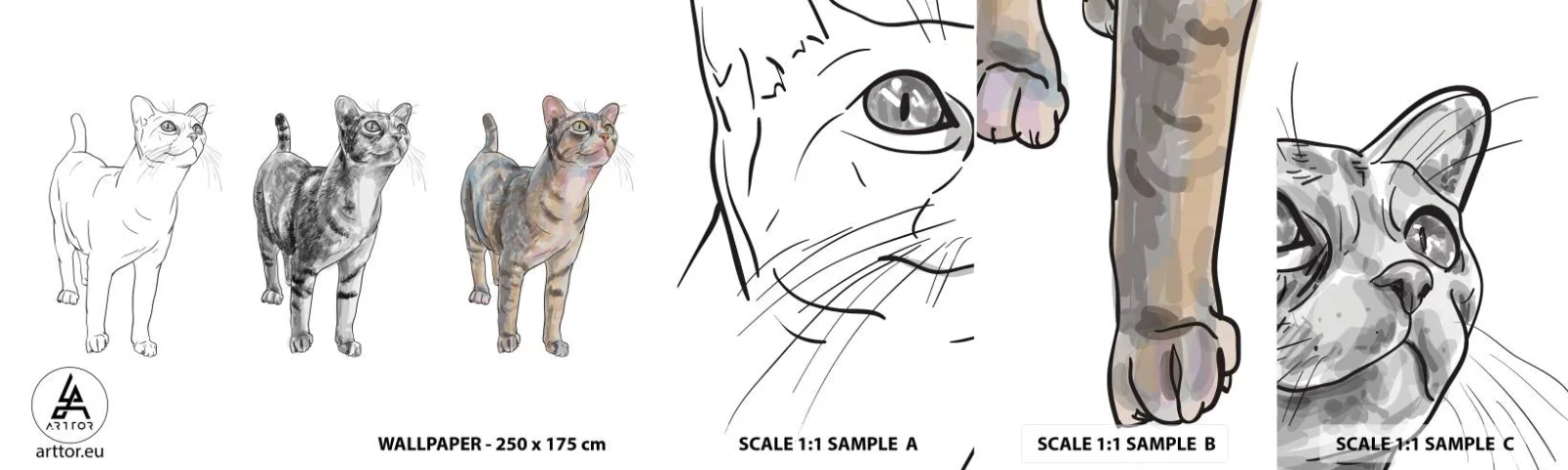 Mostră tapet autocolant Deluxe Sticker - Lecție de desen - Animale, Pisică, Pentru copii - 100x30 cm