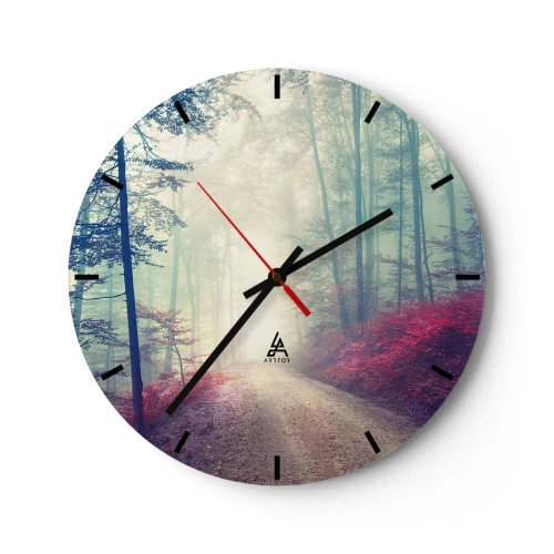Ceas de perete - Ceas pe sticlă - O potecă de pădure înconjurată de copaci colorați într-o lumină cețoasă - 30x30cm - Ce bine e să te trezești în zori de ziuă - Decorațiune modernă pentru perete pentru living, bucătărie și dormitor ARTTOR