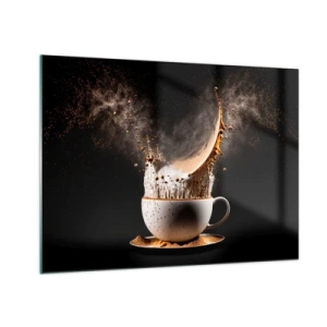 Tablou pe sticlă - Stropire de cafea cu lapte într-o fotografie dinamică - 70x50cm - O explozie de arome - Decorațiune modernă pentru perete pentru living și dormitor ARTTOR