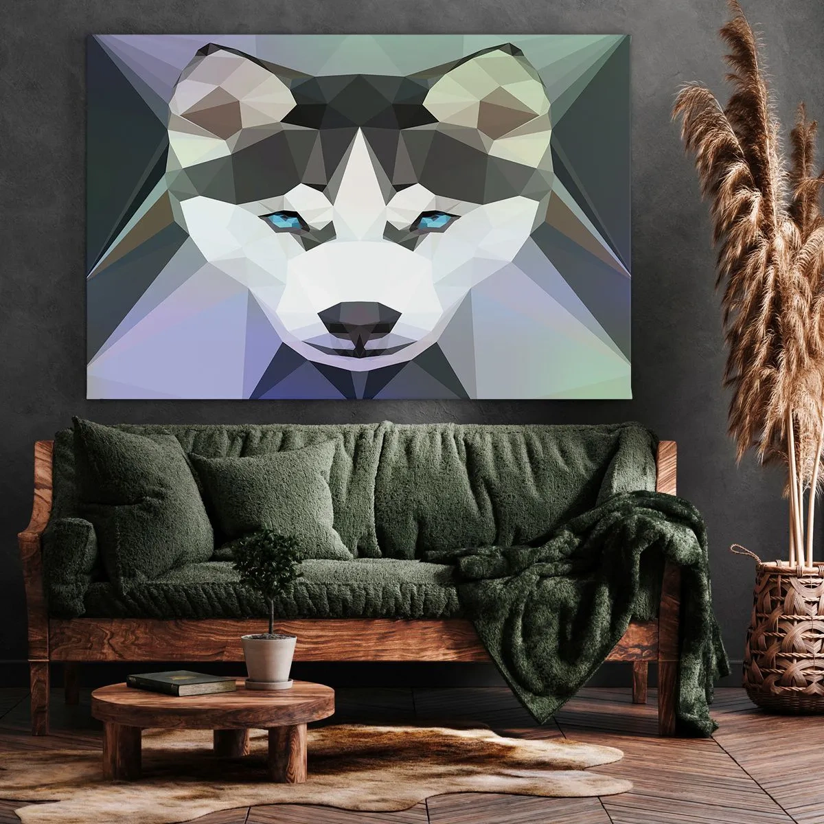 Tablou pe pânză Canvas - Lup geometric cu ochi albaștri expresivi - 70x50cm - O amintire a zăpezilor din nord - Decorațiune modernă pentru perete pentru living și dormitor ARTTOR