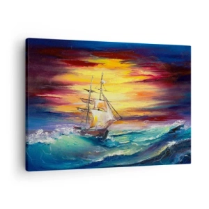 Tablou pe pânză Canvas - O corabie cu pânze pe fundalul unui apus de soare colorat - 70x50cm - Înfruntând valurile - Decorațiune modernă pentru perete pentru living și dormitor ARTTOR