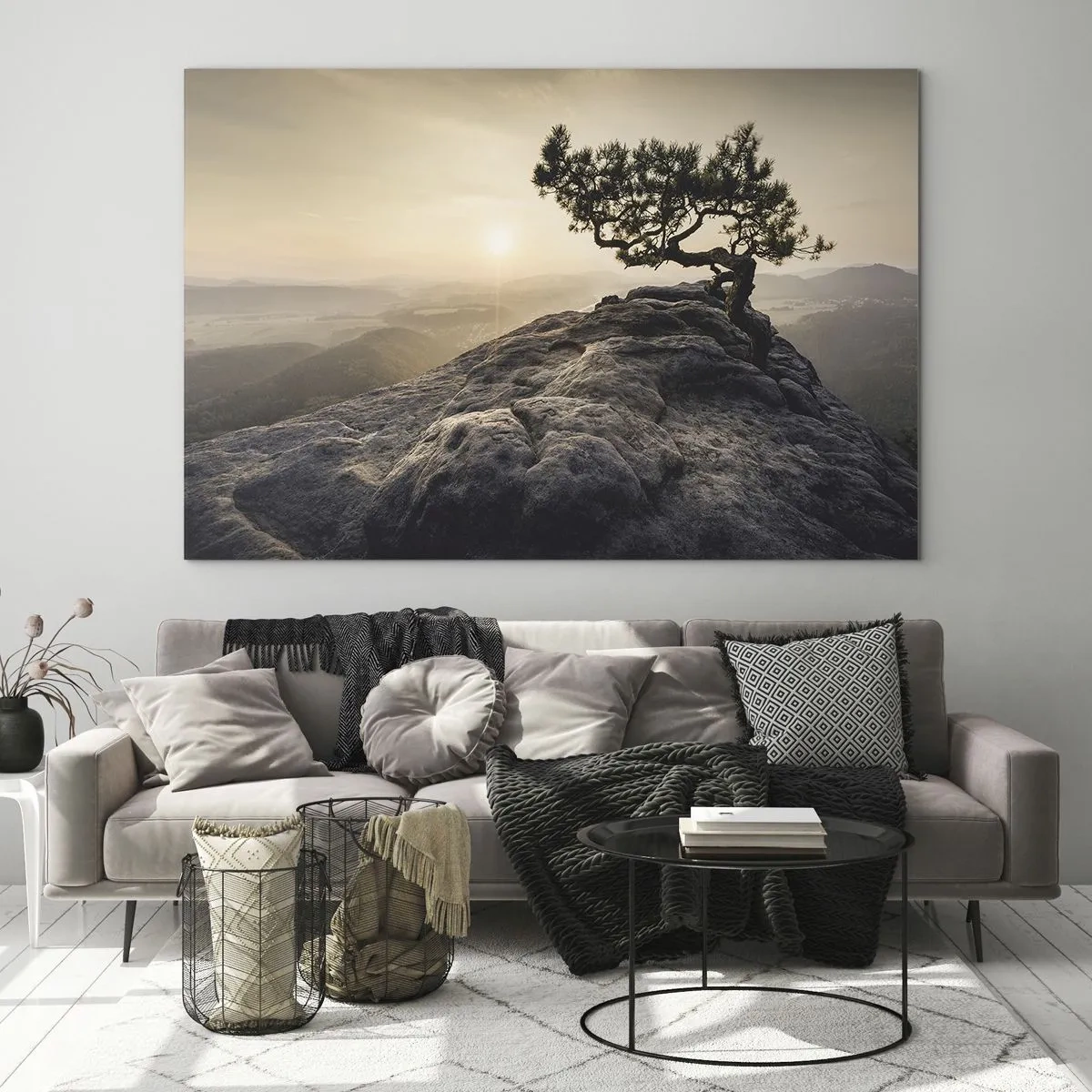 Tablou pe sticlă - Un copac pe o stâncă în lumina soarelui care răsare - 70x50cm - Viața învinge întotdeauna - Decorațiune modernă pentru perete pentru living și dormitor ARTTOR
