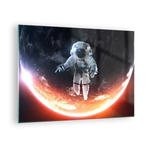 Tablou pe sticlă - Astronautul în spațiu cu o planetă în fundal - 70x50cm - Pot să mai stau un pic? - Decorațiune modernă pentru perete pentru living și dormitor ARTTOR