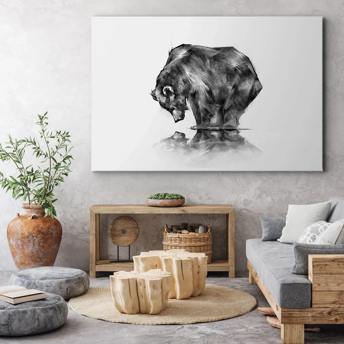 Tablou pe pânză Canvas - Un desen al unui urs în stil minimalist - 70x50cm - Mă bucur să văd pe cineva apropiat - Decorațiune modernă pentru perete pentru living și dormitor ARTTOR