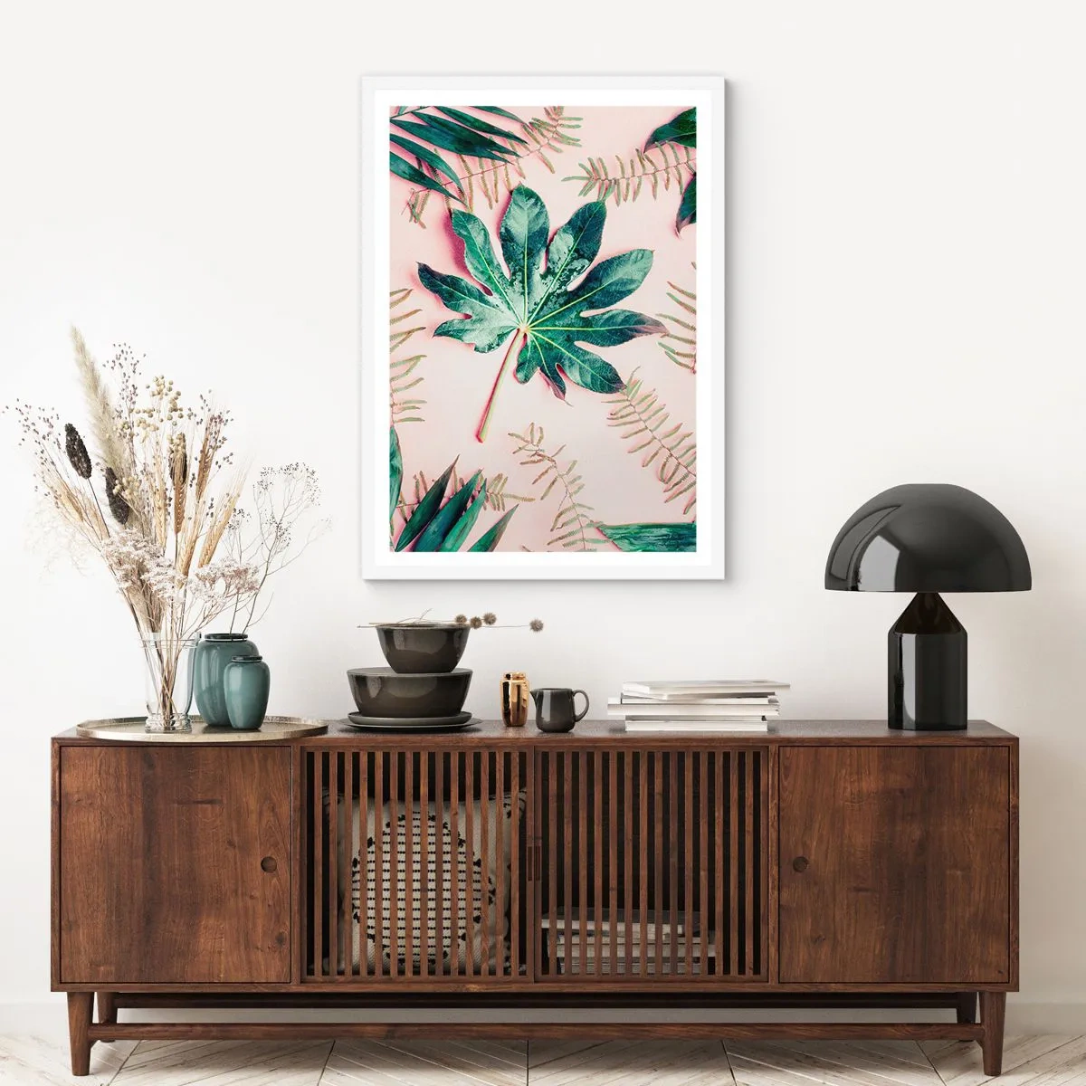 Poster în ramă albă - Studiu de verdeață pe un fundal roz - 50x70 cm