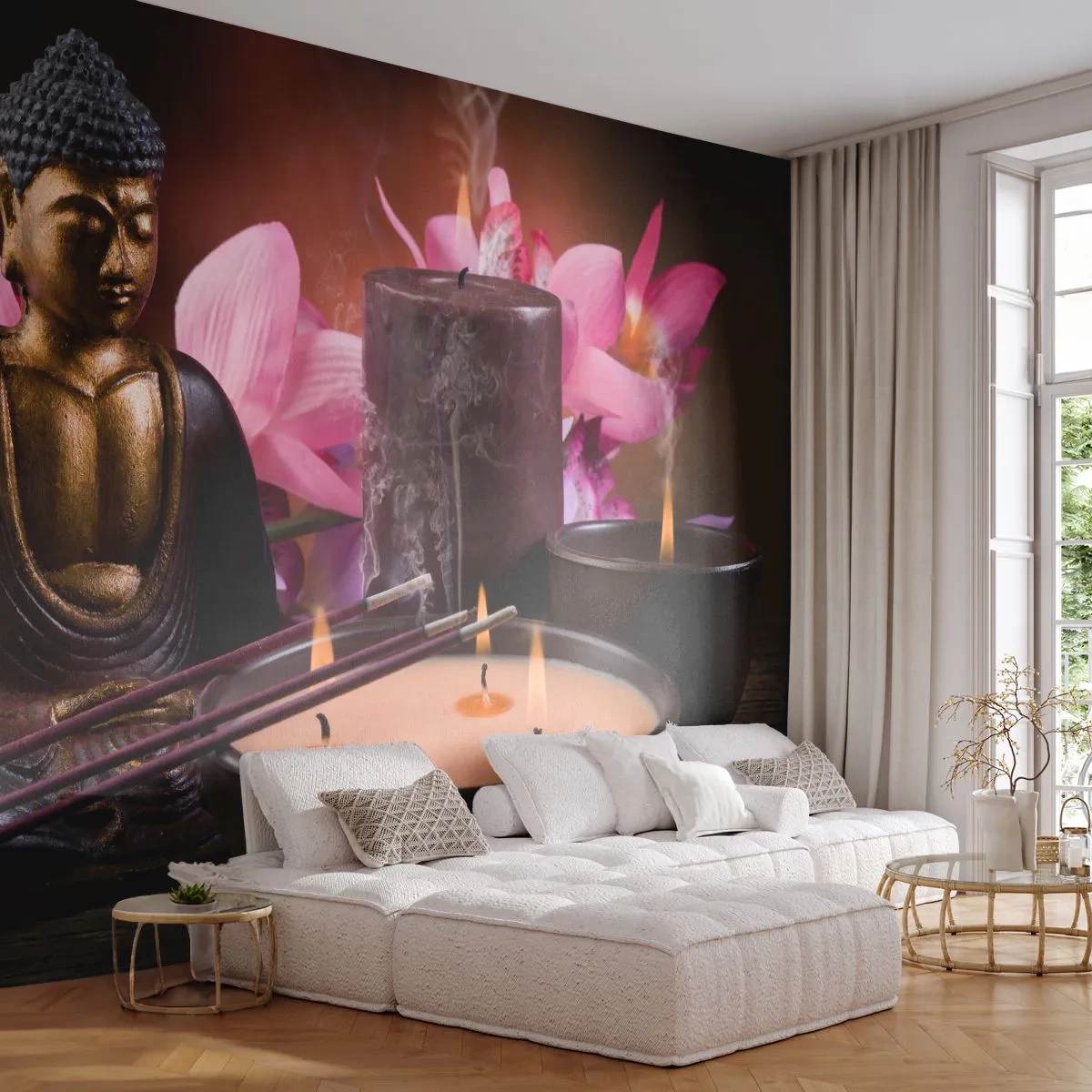 Tapet Premium Sand - Eliberați mintea, calmați corpul - Buddha, Religie, Flori - 300x210 cm