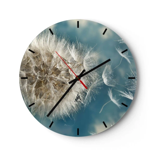 Ceas de perete - Ceas pe sticlă - O păpădie pe un cer albastru cu semințe plutitoare - 30x30cm - Respirația unui înger - Decorațiune modernă pentru perete pentru living, bucătărie și dormitor ARTTOR