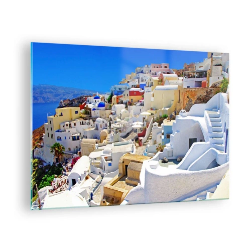 Tablou pe sticlă - Santorini cu case albe pe un cer albastru - 70x50cm - Visând la o vară grecească - Decorațiune modernă pentru perete pentru living și dormitor ARTTOR