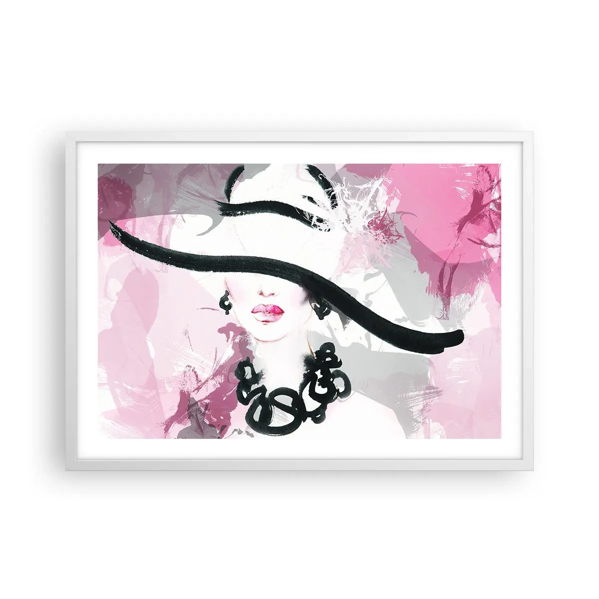 Poster în ramă albă - Studiu unei dame în negru și roz - 70x50 cm