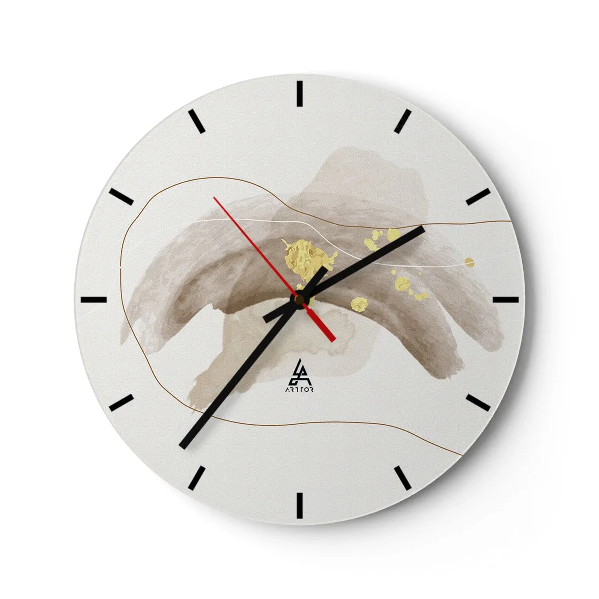 Ceas de perete - Ceas pe sticlă - O compoziție abstractă cu pete bej și accente aurii. - 30x30cm - Întâlnite în spațiu - Decorațiune modernă pentru perete pentru living, bucătărie și dormitor ARTTOR