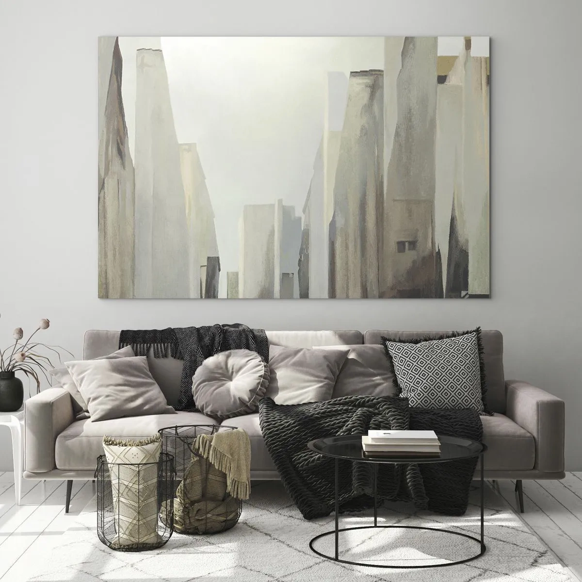 Tablou pe sticlă - O viziune abstractă a clădirilor urbane într-o paletă discretă - 70x50cm - Vis urban - Decorațiune modernă pentru perete pentru living și dormitor ARTTOR