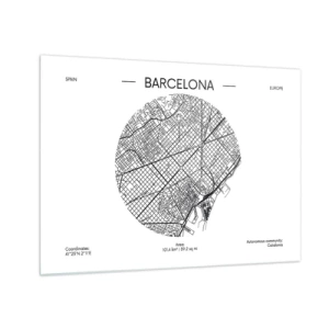 Tablou pe sticlă - O hartă minimalistă a Barcelonei într-o estetică alb-negru - 70x50cm - Anatomia Barcelonei - Decorațiune modernă pentru perete pentru living și dormitor ARTTOR