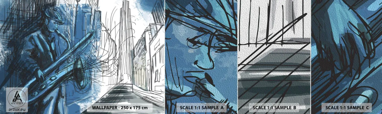 Mostră tapet Premium Sand - Rapsodie urbană - Saxofon, Jazz, Muzică - 100x30 cm