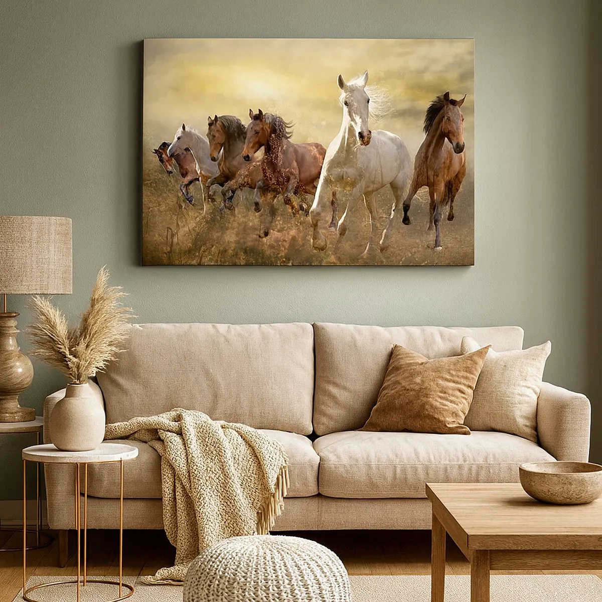 Tablou pe pânză Canvas - Un grup de cai în galop pe fundalul soarelui apus - 70x50cm - Trăiască libertatea! - Decorațiune modernă pentru perete pentru living și dormitor ARTTOR