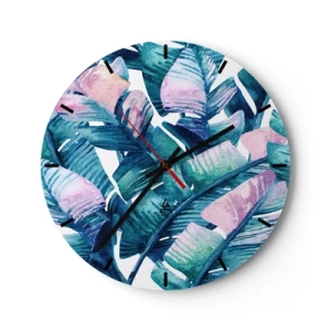 Ceas de perete - Ceas pe sticlă - Frunze tropicale în nuanțe de verde și roz - 30x30cm - Într-o livadă de banane - Decorațiune modernă pentru perete pentru living, bucătărie și dormitor ARTTOR