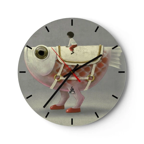 Ceas de perete - Ceas pe sticlă - O figură pe un pește mare cu o șa și cizme pe un fundal gri - 30x30cm - Călărețul Pescărel - Decorațiune modernă pentru perete pentru living, bucătărie și dormitor ARTTOR