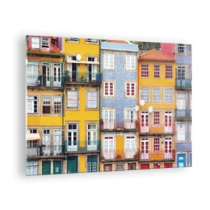 Tablou pe sticlă - Fațade colorate ale caselor de locuit cu detalii de balcoane - 70x50cm - Culorile orașului vechi - Decorațiune modernă pentru perete pentru living și dormitor ARTTOR