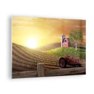 Tablou pe sticlă - Apus de soare peste o fermă cu un câmp și un tractor - 70x50cm - O fermă ca un basm - Decorațiune modernă pentru perete pentru living și dormitor ARTTOR