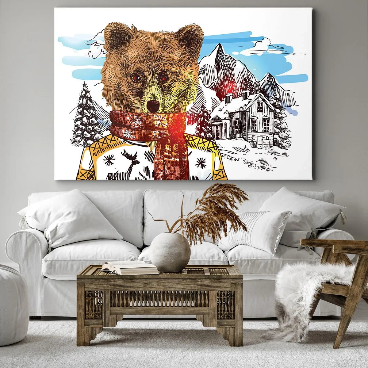 Tablou pe pânză Canvas - Un urs într-un pulover și o eșarfă, cu o casă de munte în fundal - 70x50cm - Coliba ursului - Decorațiune modernă pentru perete pentru living și dormitor ARTTOR