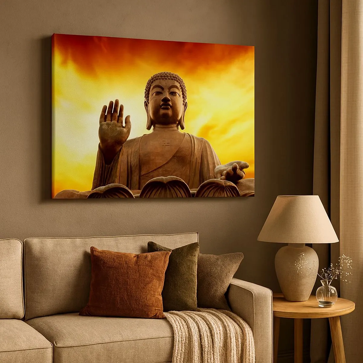 Tablou pe pânză Canvas - O statuie a lui Buddha pe un cer auriu al apusului - 70x50cm - Pacea lumii - Decorațiune modernă pentru perete pentru living și dormitor ARTTOR