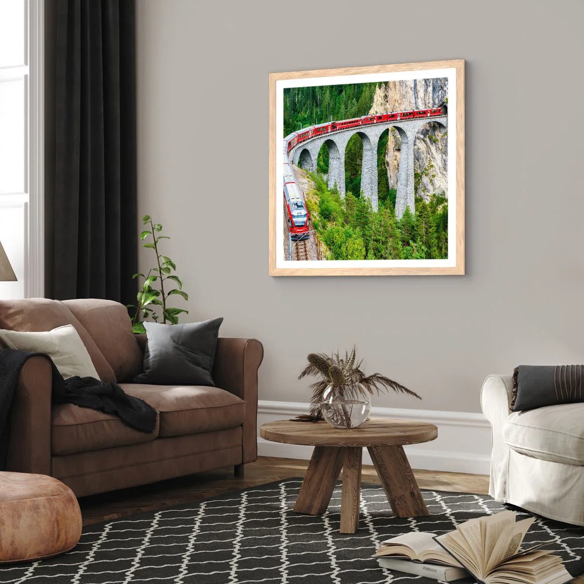 Poster în ramă de stejar deschis - Cu trenul prin munți - 50x50 cm