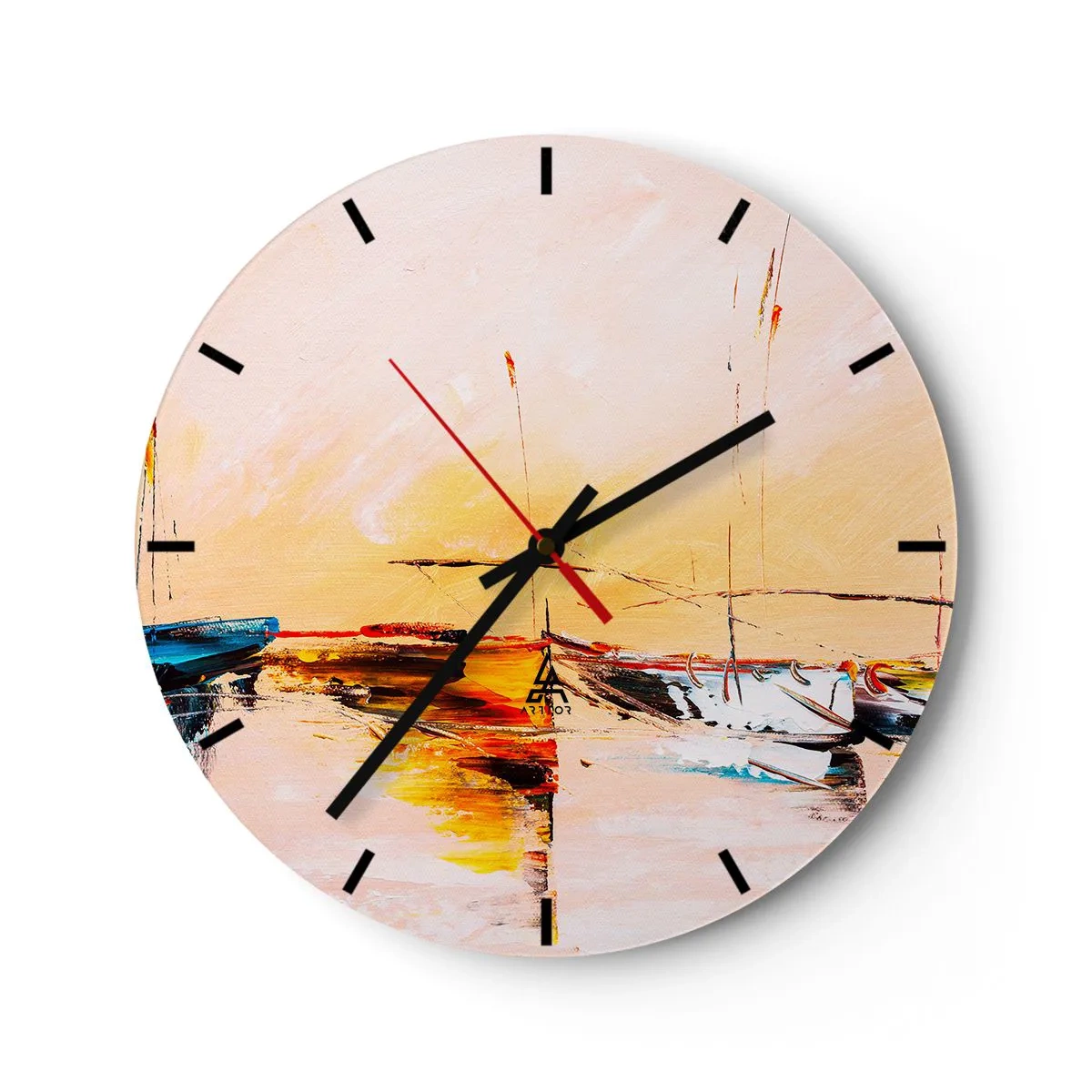 Ceas de perete - Ceas pe sticlă - Bărci cu pânze într-un port pitoresc la apus - 30x30cm - O seară în golf - Decorațiune modernă pentru perete pentru living, bucătărie și dormitor ARTTOR