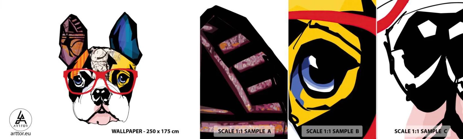 Mostră de Tapet Standard Eco - Intelectualist - Abstracția, Câine, Buldog francez - 100x30 cm