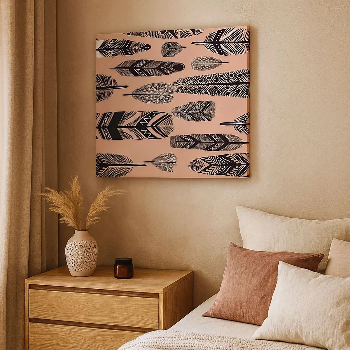Tablou pe pânză Canvas - Pene decorative pe un fundal deschis - 70x50cm - Colecție indiană - Decorațiune modernă pentru perete pentru living și dormitor ARTTOR