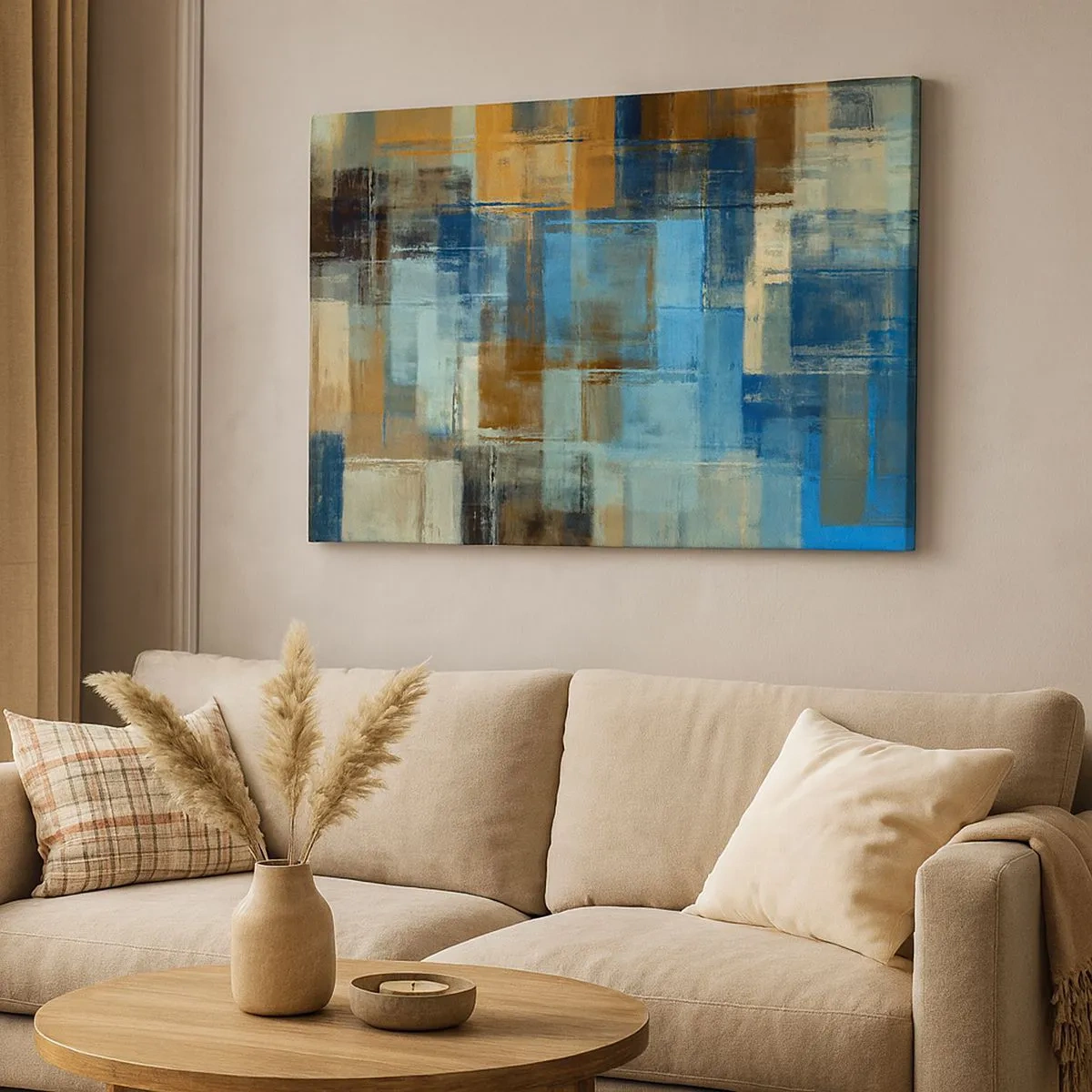 Tablou pe pânză Canvas - Compoziție geometrică abstractă în nuanțe de albastru și maro - 70x50cm - Prin valul albastru - Decorațiune modernă pentru perete pentru living și dormitor ARTTOR