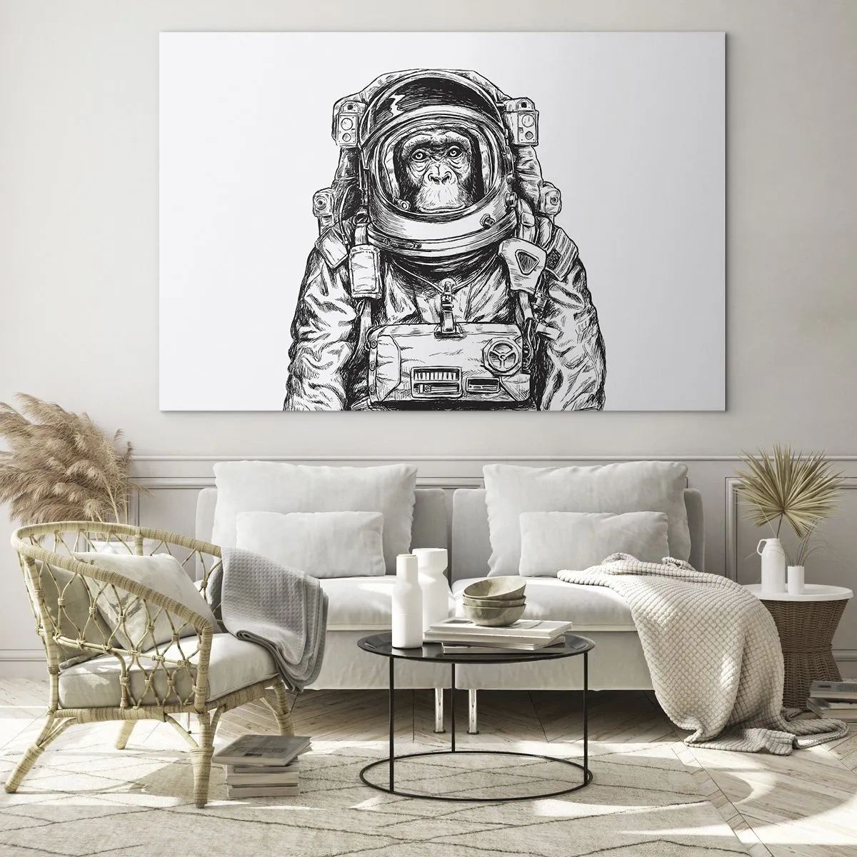 Tablou pe sticlă - Schiță a unei maimuțe într-un costum de astronaut pe un fundal alb - 70x50cm - Evoluție alternativă - Decorațiune modernă pentru perete pentru living și dormitor ARTTOR