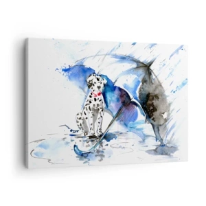 Tablou pe pânză Canvas - Pictură în acuarelă a unui câine dalmațian cu o umbrelă în fundal - 70x50cm - Pentru asta sunt prietenii - Decorațiune modernă pentru perete pentru living și dormitor ARTTOR