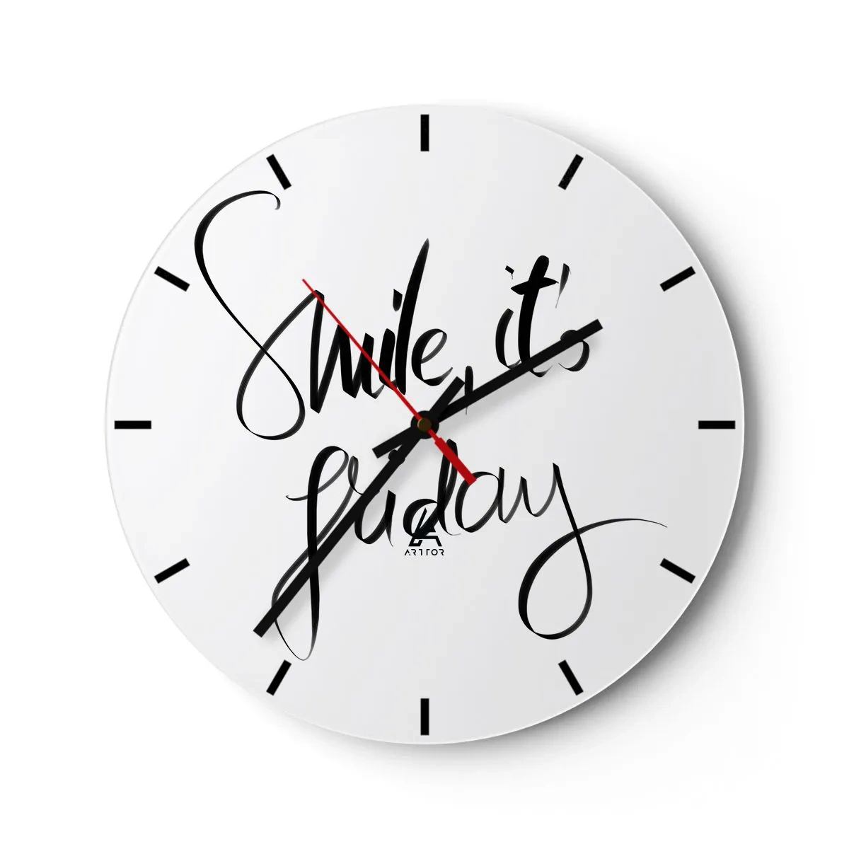 Ceas de perete - Ceas pe sticlă - Zâmbește, e vineri, citat cu grafică elegantă alb-negru - 30x30cm - Bucurie adevărată - Decorațiune modernă pentru perete pentru living, bucătărie și dormitor ARTTOR