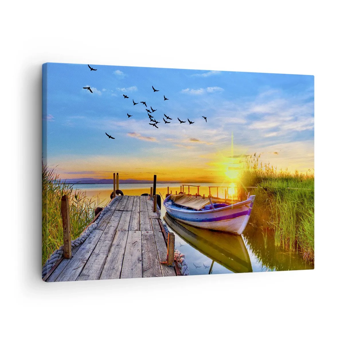 Tablou pe pânză Canvas - O barcă la un dig de lemn la apus - 70x50cm - La revedere, până mâine - Decorațiune modernă pentru perete pentru living și dormitor ARTTOR