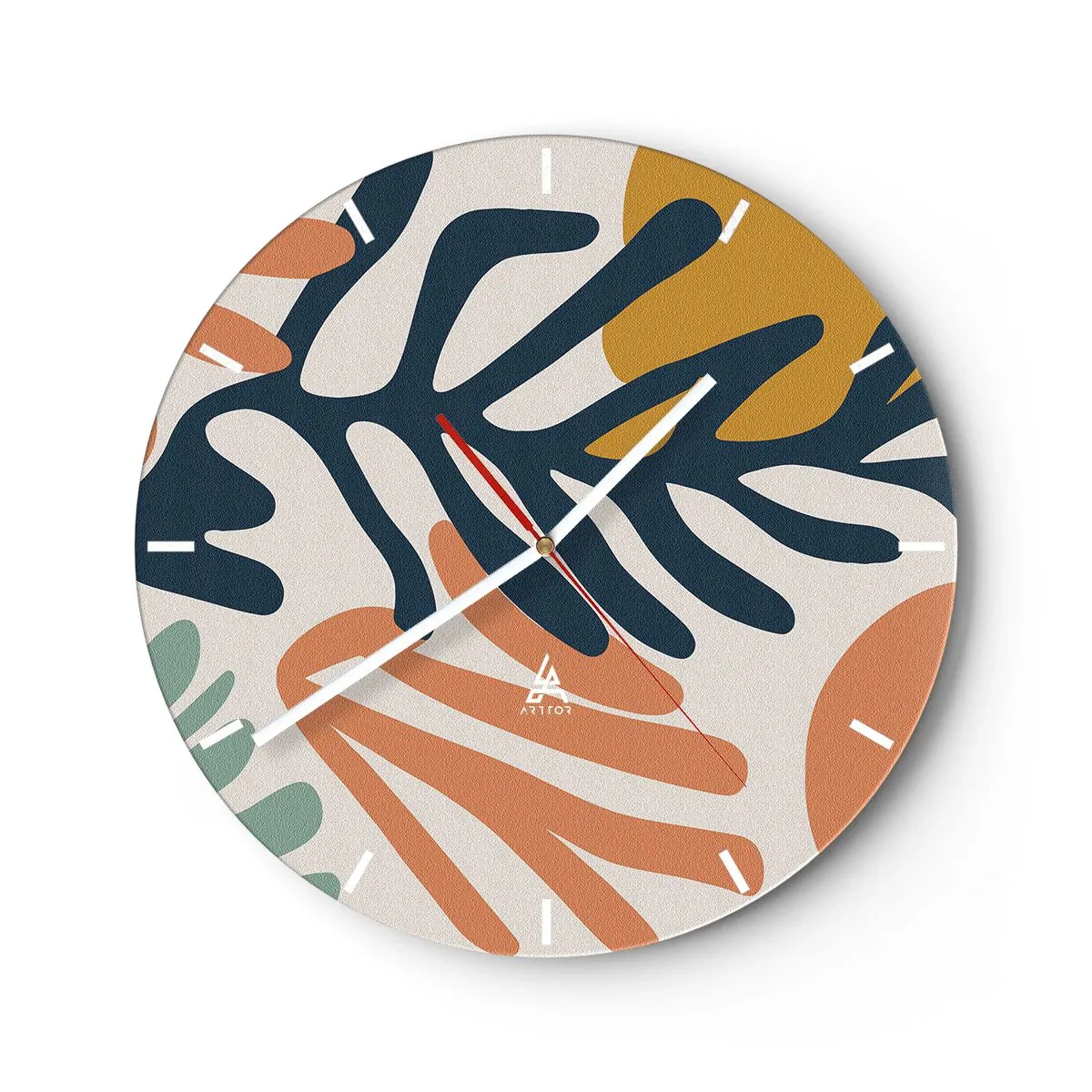 Ceas de perete - Ceas pe sticlă - Frunze colorate într-un stil grafic pe un fundal deschis - 30x30cm - Mări de corali - Decorațiune modernă pentru perete pentru living, bucătărie și dormitor ARTTOR