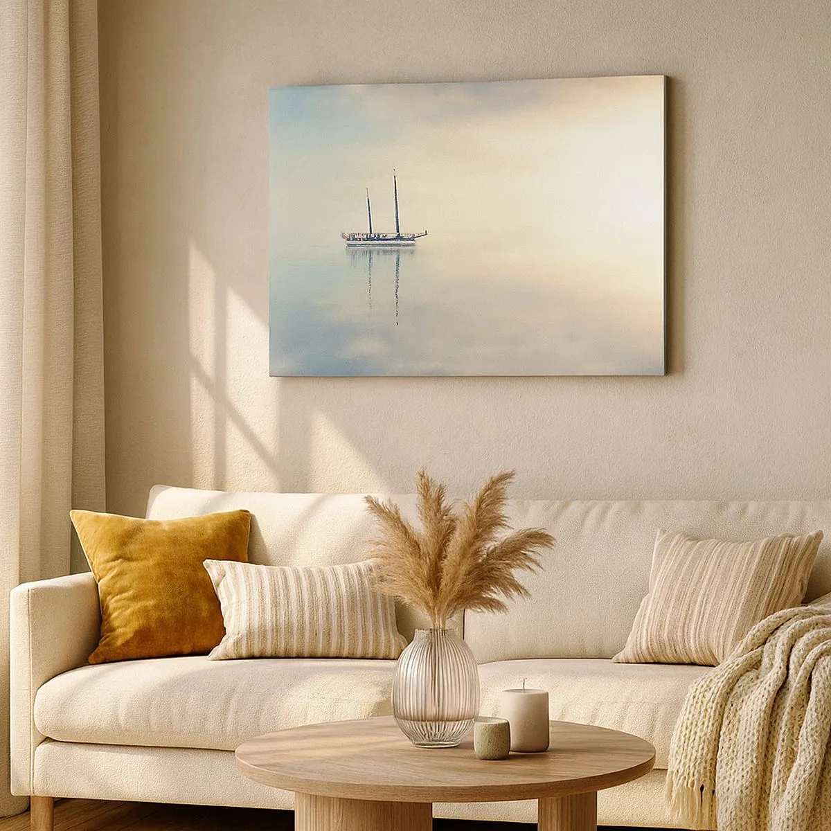 Tablou pe pânză Canvas - O barcă pe o mare calmă într-o lumină blândă - 70x50cm - În tăcerea mării - Decorațiune modernă pentru perete pentru living și dormitor ARTTOR