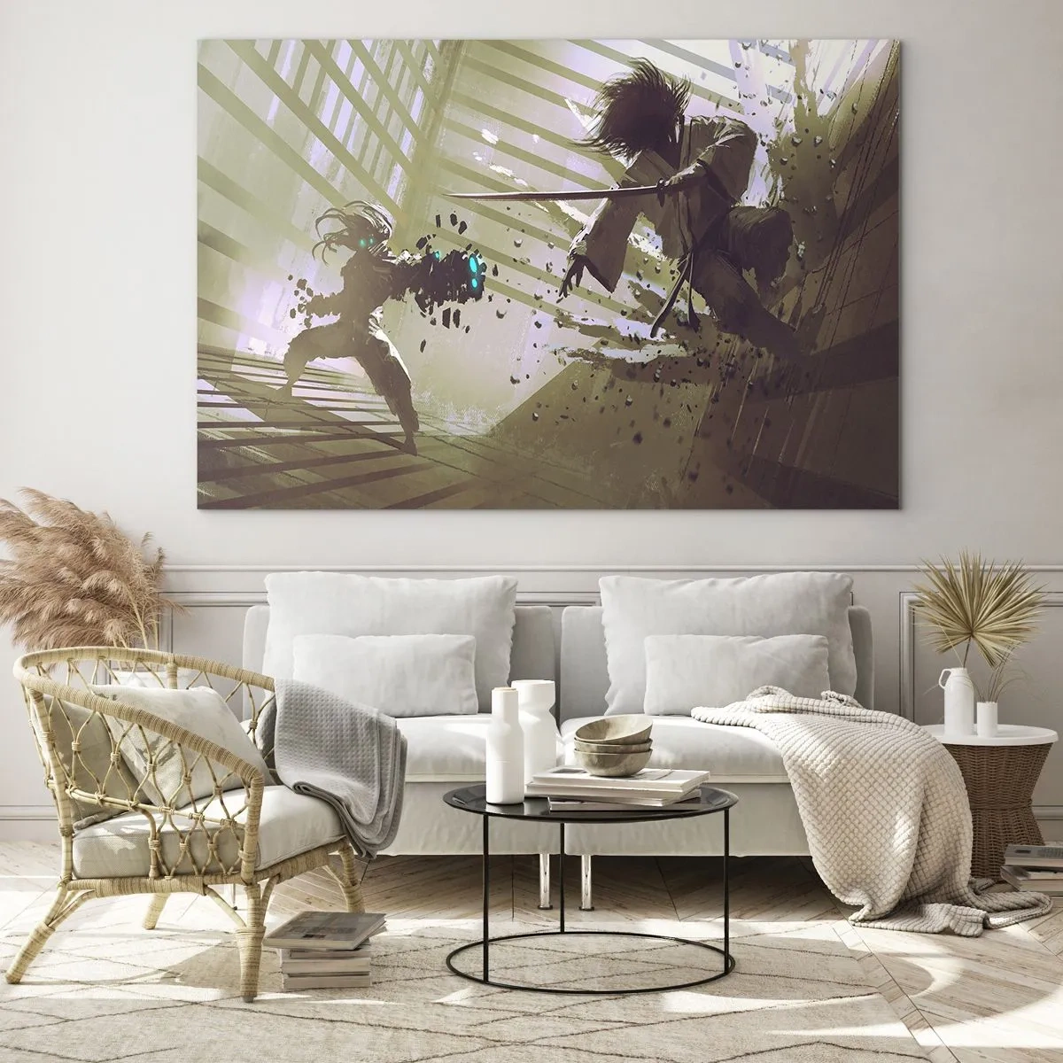 Tablou pe sticlă - Duel de samurai într-o scenă dinamică - 70x50cm - Și tu poți fi samurai - Decorațiune modernă pentru perete pentru living și dormitor ARTTOR