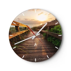 Ceas de perete - Ceas pe sticlă - Debarcader din lemn care duce la plajă la apus - 30x30cm - Și direct la țărm - Decorațiune modernă pentru perete pentru living, bucătărie și dormitor ARTTOR