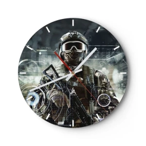 Ceas de perete - Ceas pe sticlă - Figura unui soldat în echipament modern pe fundalul graficii tehnologice - 30x30cm - Putere la putere - Decorațiune modernă pentru perete pentru living, bucătărie și dormitor ARTTOR