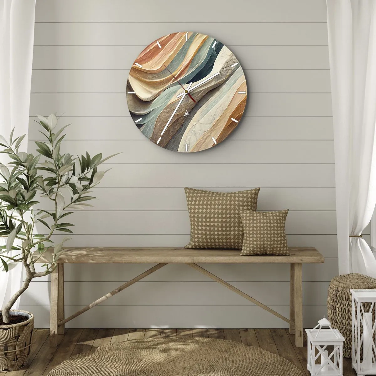 Ceas de perete - Ceas pe sticlă - Valuri multistratificate în culori pastelate și pământii - 30x30cm - Momentul dinaintea schimbării - Decorațiune modernă pentru perete pentru living, bucătărie și dormitor ARTTOR