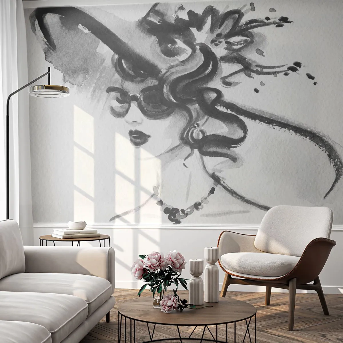 Tapet Standard Eco - Dama cu caracter - Femeie În pălărie, Chipul de femeie, alb-negru - 400x280 cm
