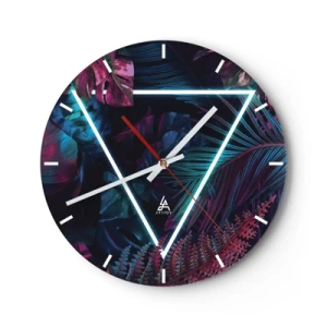 Ceas de perete - Ceas pe sticlă - Frunze tropicale și ferigi cu triunghi neon - 30x30cm - Grădină în stil disco - Decorațiune modernă pentru perete pentru living, bucătărie și dormitor ARTTOR