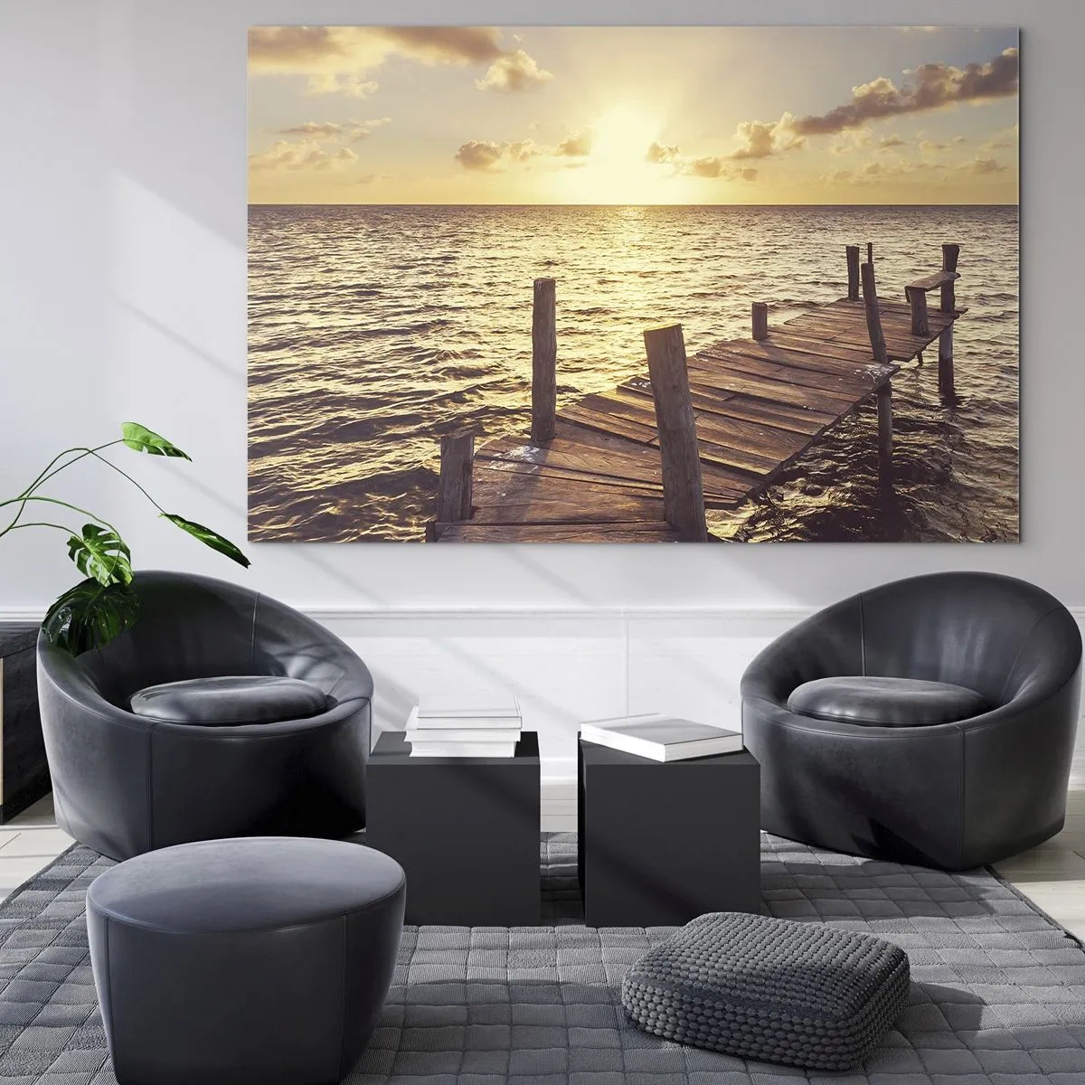 Tablou pe sticlă - Un debarcader din lemn pe fundalul soarelui care apune - 70x50cm - Tărâmul de aur al blândeții - Decorațiune modernă pentru perete pentru living și dormitor ARTTOR