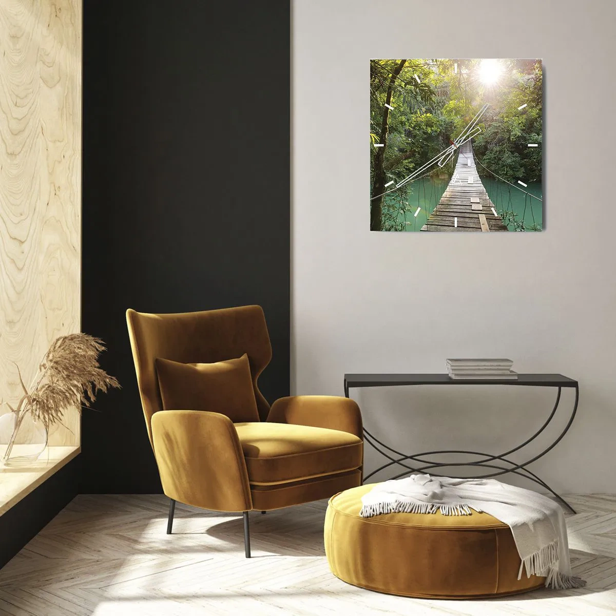 Ceas de perete - Ceas pe sticlă - Peste apa de azur spre pădurea de azur - 40x40 cm