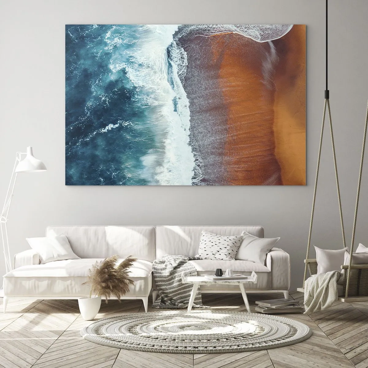 Tablou pe sticlă - Vedere aeriană a suprafeței oceanului și a țărmului plajei - 70x50cm - Atingerea oceanului - Decorațiune modernă pentru perete pentru living și dormitor ARTTOR