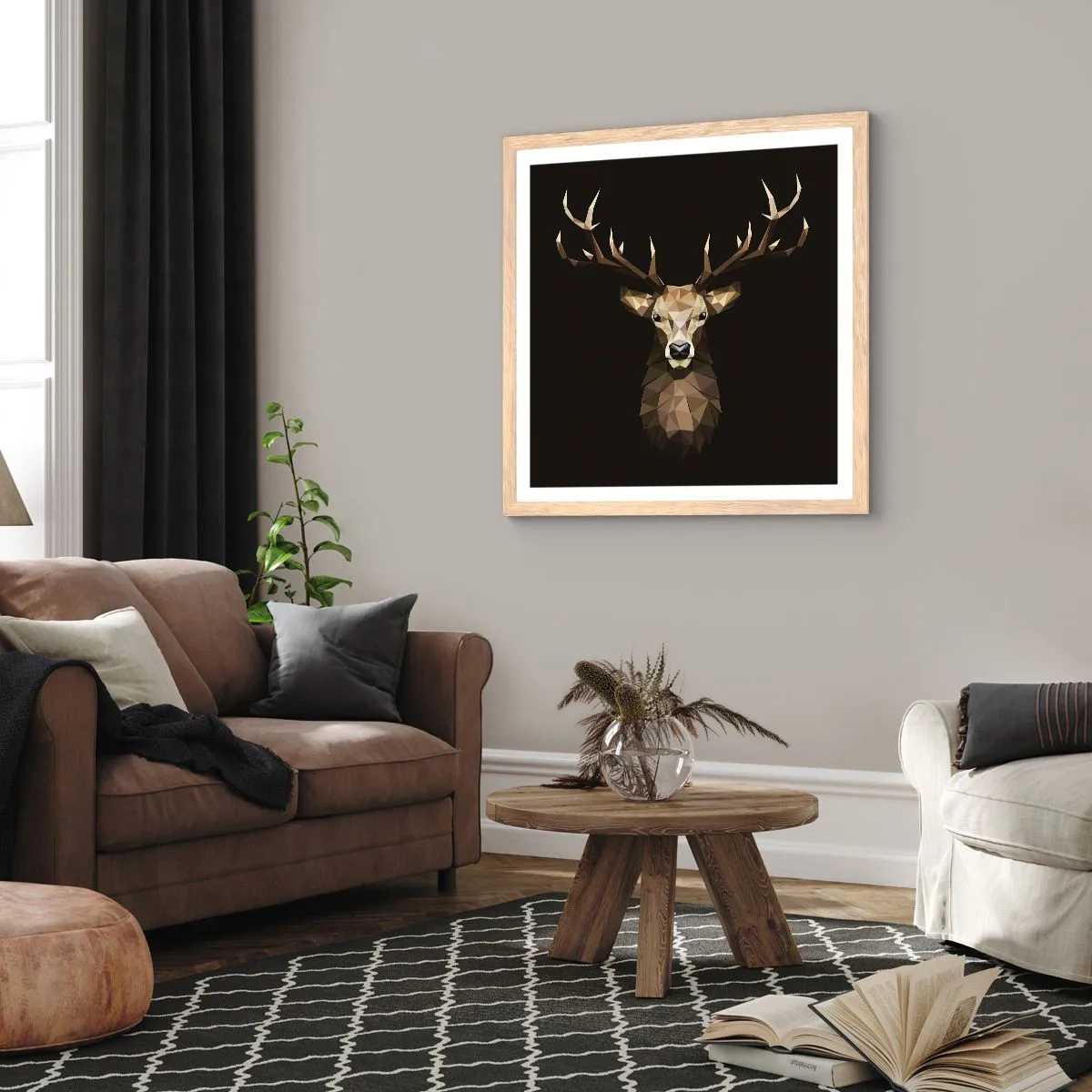 Poster în ramă de stejar deschis - Cerb cubist - 60x60 cm
