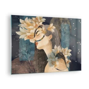 Tablou pe sticlă - O figură feminină cu crini într-un stil de basm - 70x50cm - Povestea prințesei cu crini - Decorațiune modernă pentru perete pentru living și dormitor ARTTOR