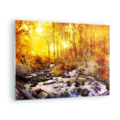 Tablou pe sticlă - Pădure de toamnă cu un râu în razele luminii calde - 70x50cm - Pietre montate în aur și platină - Decorațiune modernă pentru perete pentru living și dormitor ARTTOR
