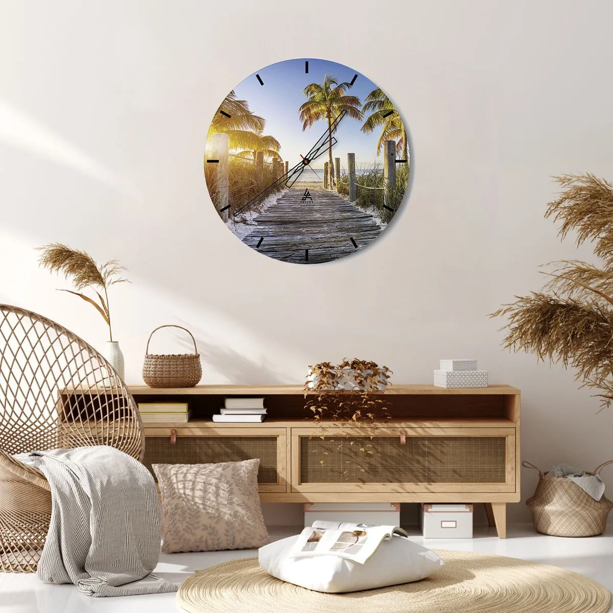 Ceas de perete - Ceas pe sticlă - Debarcader din lemn într-un peisaj tropical - 30x30cm - Direct în paradis - Decorațiune modernă pentru perete pentru living, bucătărie și dormitor ARTTOR