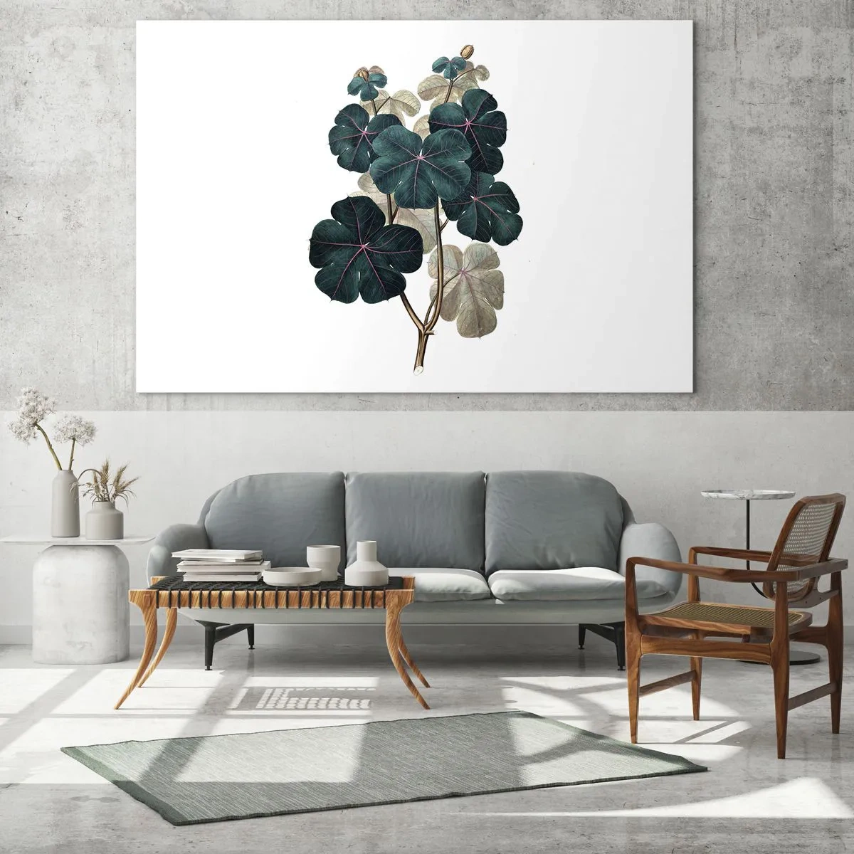 Tablou pe sticlă - Ilustrație botanică a frunzelor verzi pe fundal alb - 70x50cm - Dintr-un vechi ierbar - Decorațiune modernă pentru perete pentru living și dormitor ARTTOR